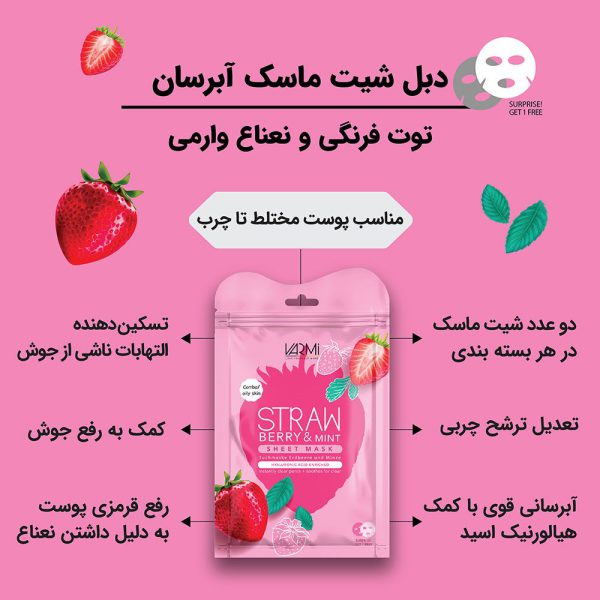دبل شیت ماسک ورقه ای آبرسان توت فرنگی و نعناع وارمی 2 عددی