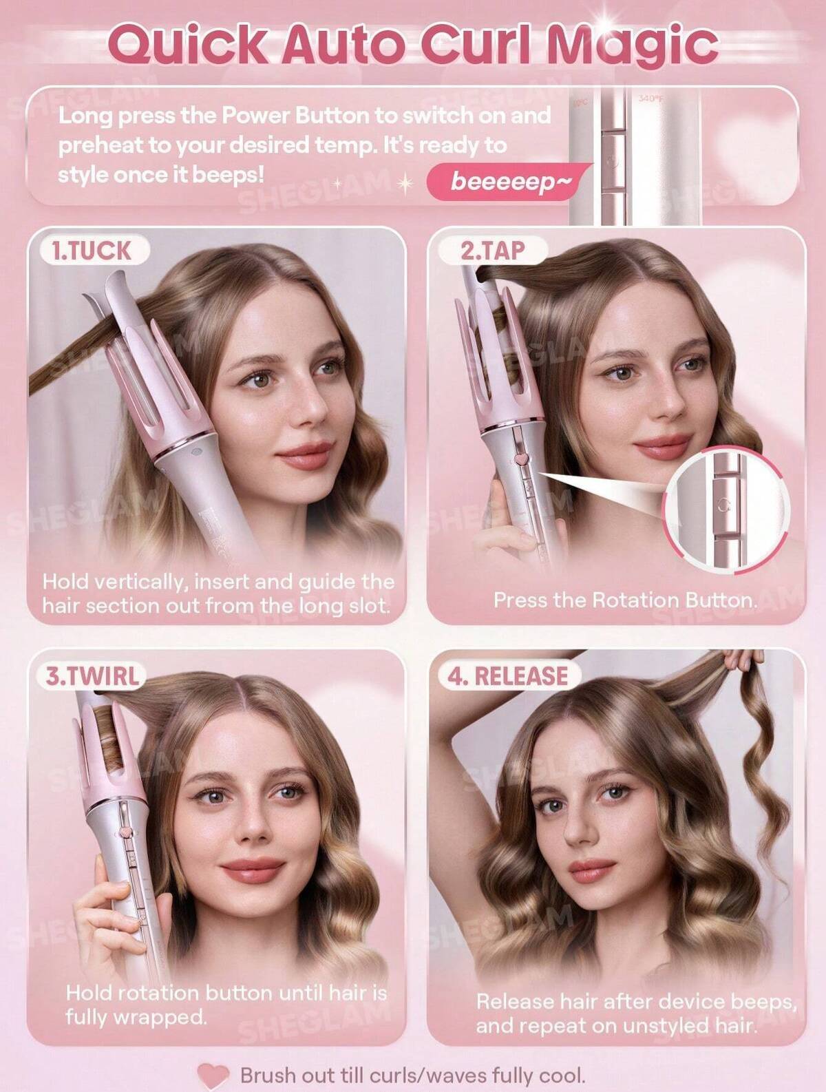 دستگاه فرکننده جادوئی مو شیگلم Sheglam مدل it-curl رنگ صورتی سایز 32mm
